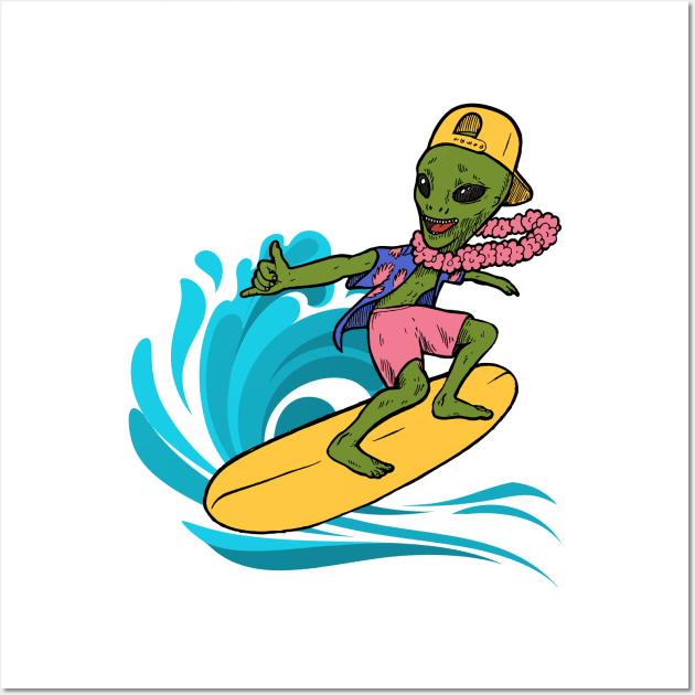 Surfer with Alien Summer Surfing Wall Art by Leonitrias Welt